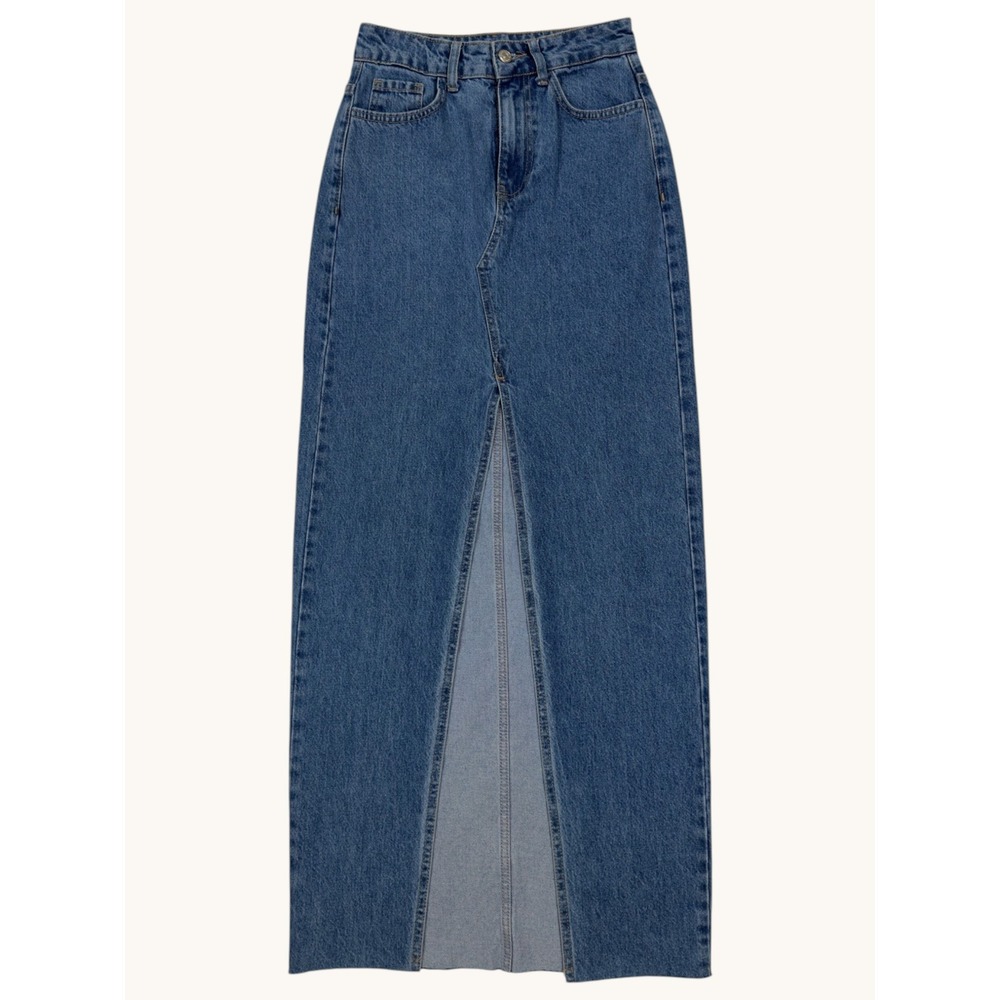Unbranded Blue Denim Front Slit Maxi Skirt High Waisted Jean Skirt Medium Wash